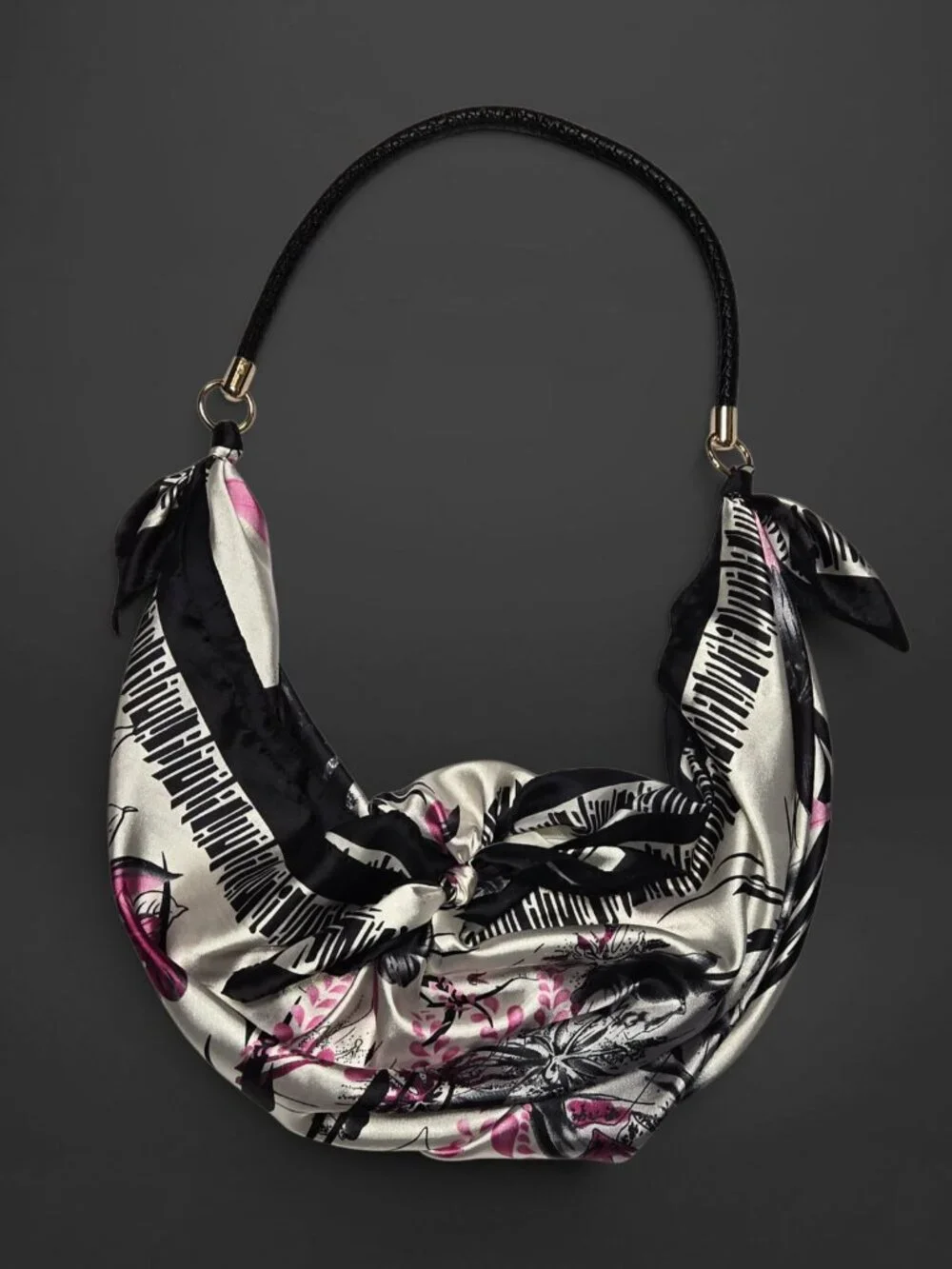 Japanese Furoshiki Scarf Black Pink Floral Slouch Hobo Shoulder Purse